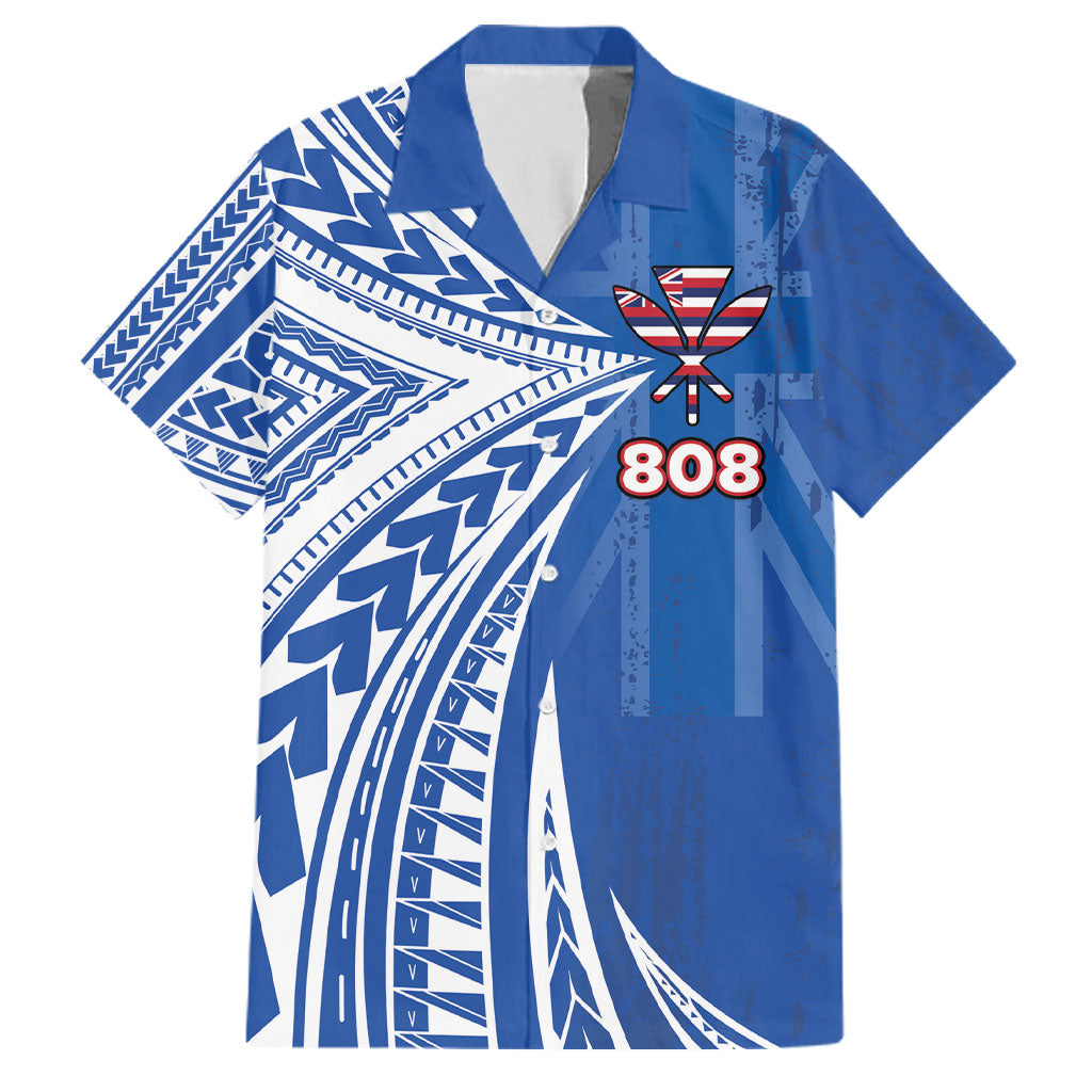 Personalised Hawaii 808 Family Matching Puletasi and Hawaiian Shirt Unique Style LT05 Dad's Shirt - Short Sleeve Blue - Polynesian Pride