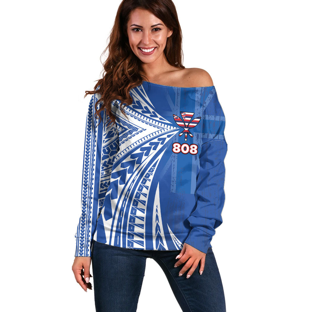 Personalised Hawaii 808 Off Shoulder Sweater Unique Style LT05 Women Blue - Polynesian Pride