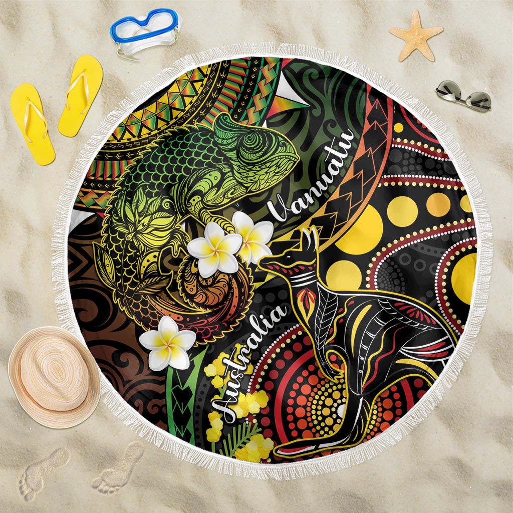 Vanuatu And Australia Aboriginal Beach Blanket Iguana And Kangaroo Together LT05 One Size 150cm Black - Polynesian Pride