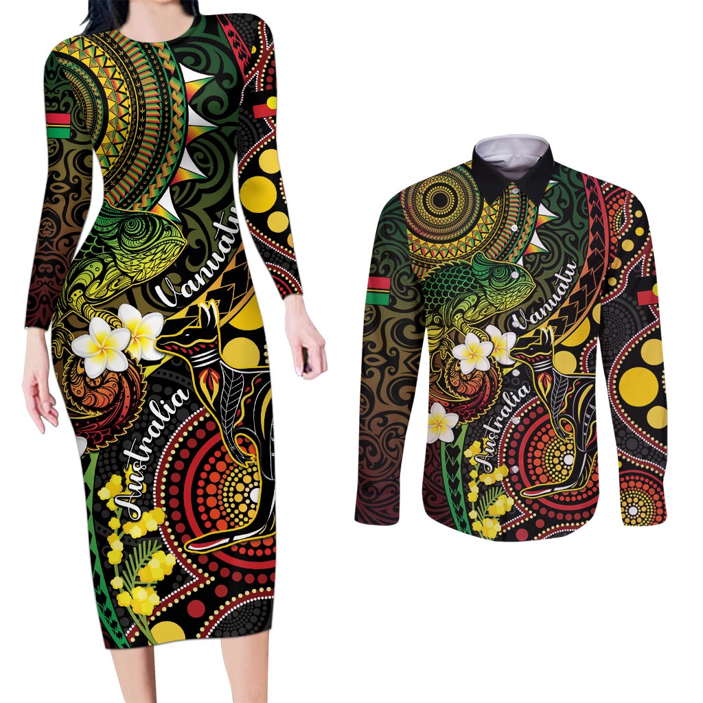 Vanuatu And Australia Aboriginal Couples Matching Long Sleeve Bodycon Dress and Long Sleeve Button Shirt Iguana And Kangaroo Together