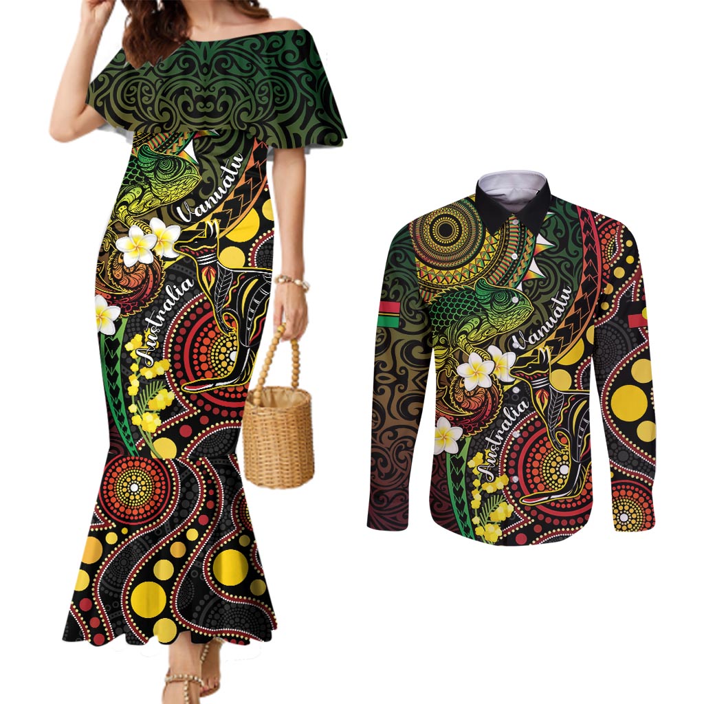 Vanuatu And Australia Aboriginal Couples Matching Mermaid Dress and Long Sleeve Button Shirt Iguana And Kangaroo Together