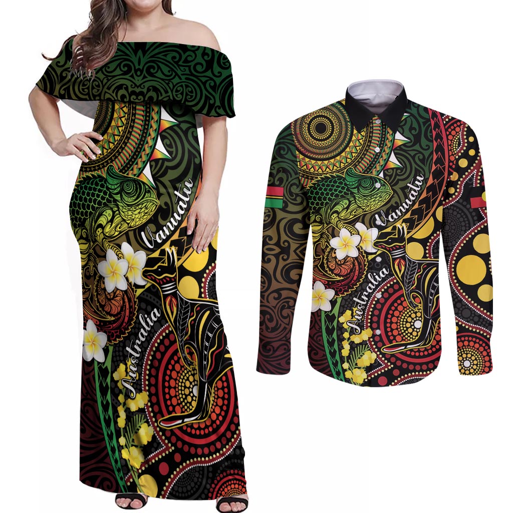 Vanuatu And Australia Aboriginal Couples Matching Off Shoulder Maxi Dress and Long Sleeve Button Shirt Iguana And Kangaroo Together