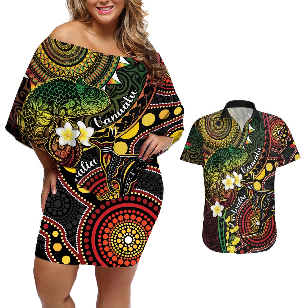 Vanuatu And Australia Aboriginal Couples Matching Off Shoulder Short Dress and Hawaiian Shirt Iguana And Kangaroo Together