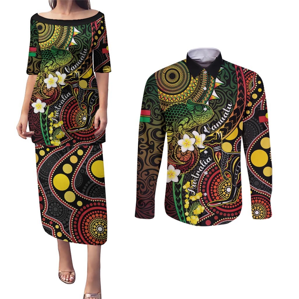 Vanuatu And Australia Aboriginal Couples Matching Puletasi and Long Sleeve Button Shirt Iguana And Kangaroo Together LT05 Black - Polynesian Pride