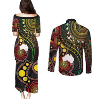 Vanuatu And Australia Aboriginal Couples Matching Puletasi and Long Sleeve Button Shirt Iguana And Kangaroo Together LT05 - Polynesian Pride