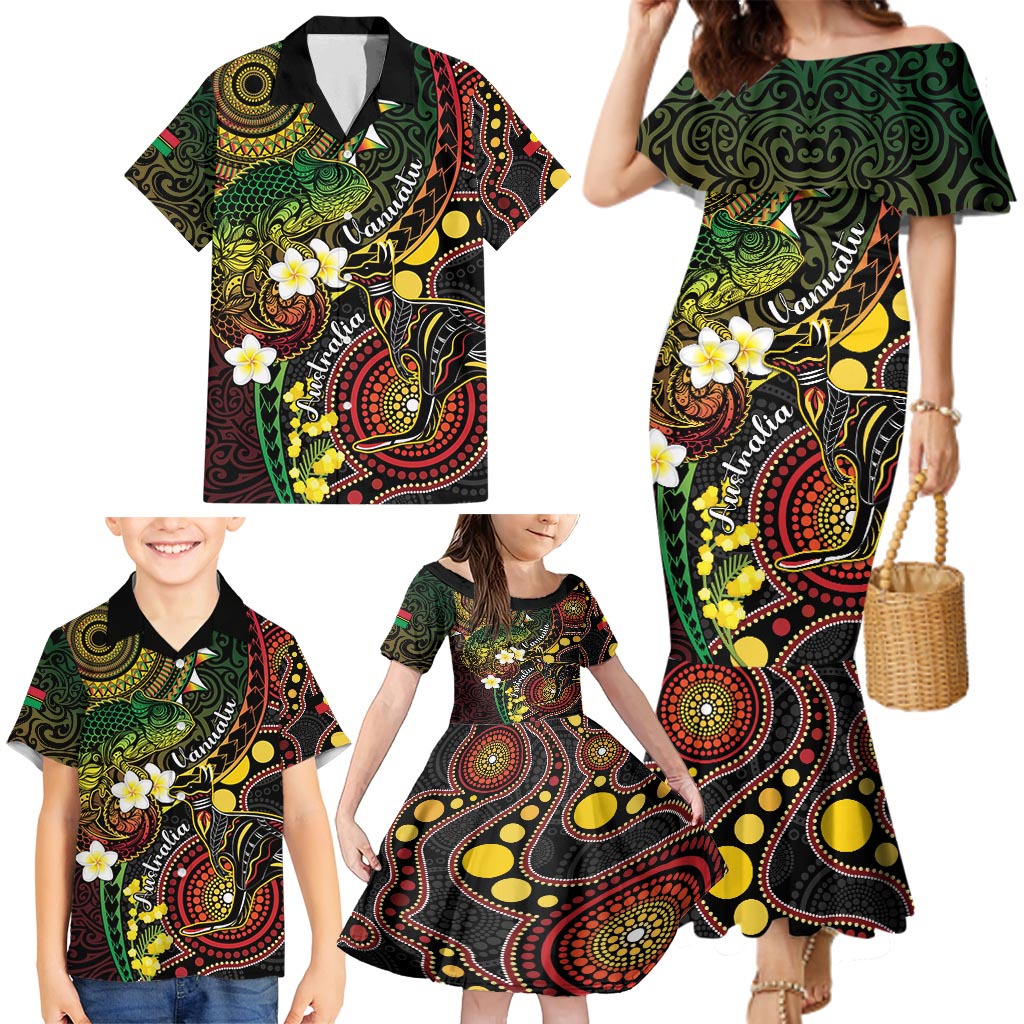 Vanuatu And Australia Aboriginal Family Matching Mermaid Dress and Hawaiian Shirt Iguana And Kangaroo Together