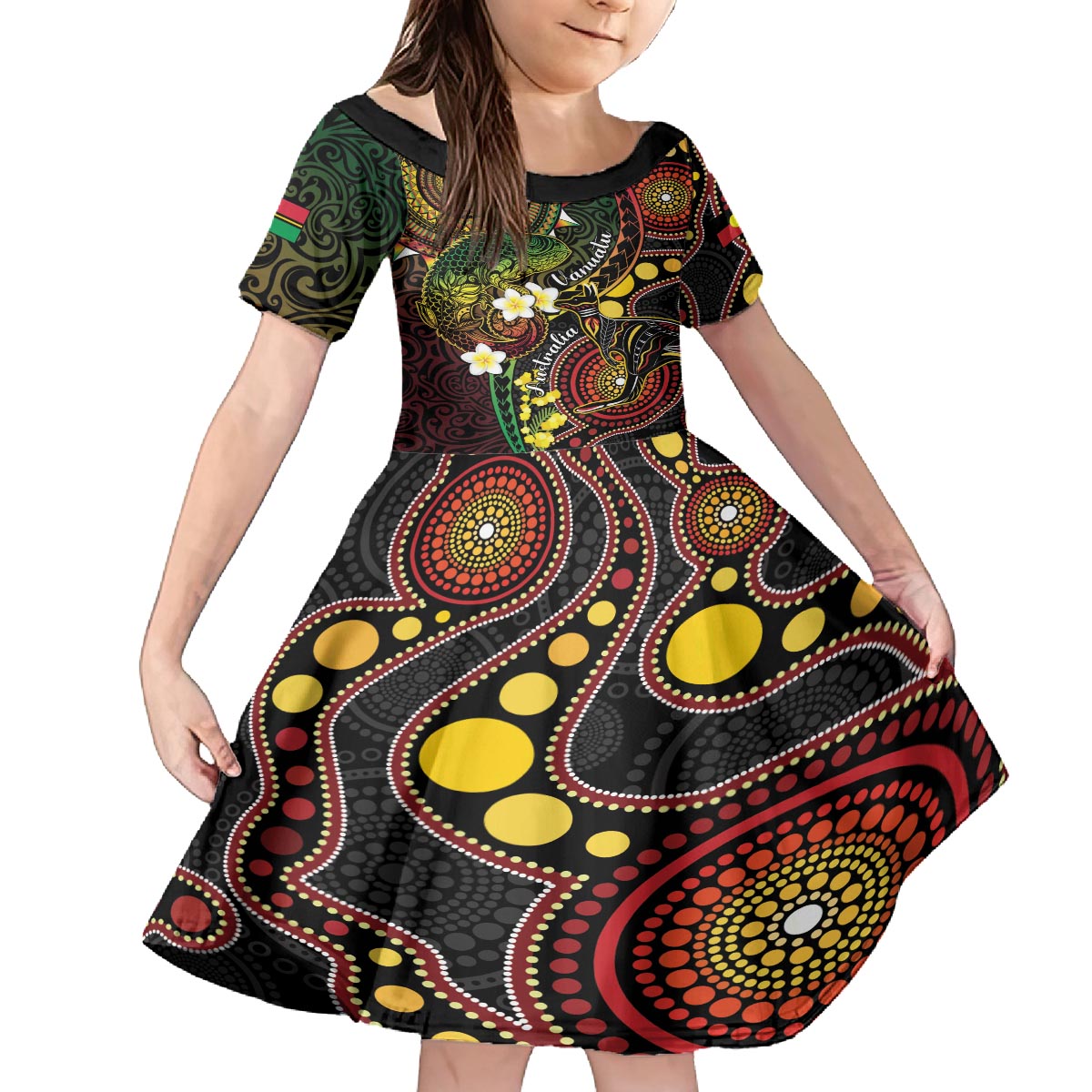 Vanuatu And Australia Aboriginal Family Matching Puletasi and Hawaiian Shirt Iguana And Kangaroo Together LT05 Daughter's Dress Black - Polynesian Pride