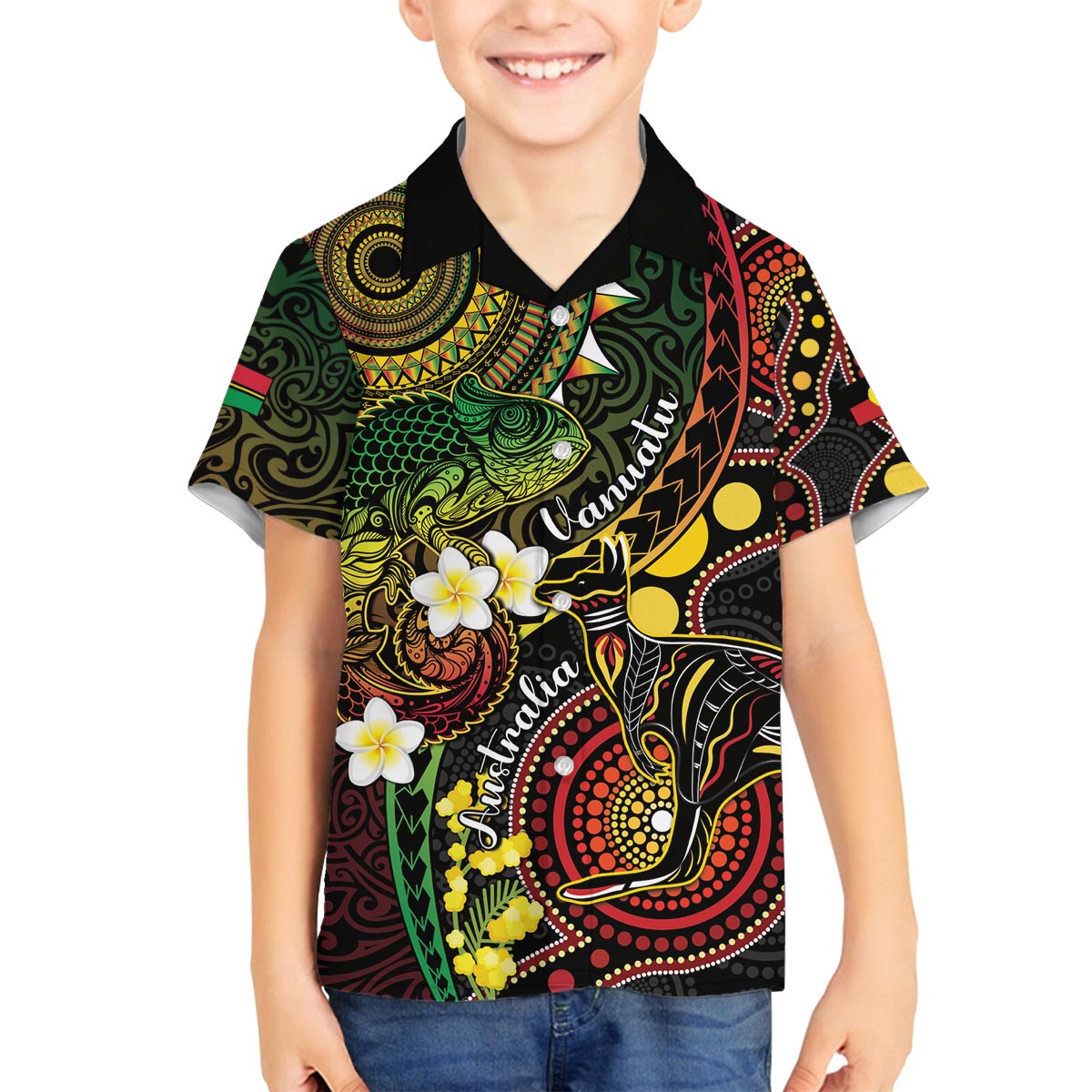 Vanuatu And Australia Aboriginal Family Matching Puletasi and Hawaiian Shirt Iguana And Kangaroo Together LT05 Son's Shirt Black - Polynesian Pride