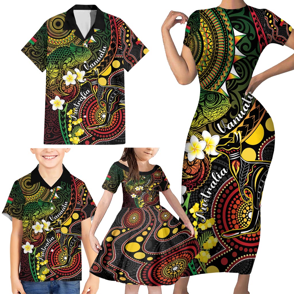 Vanuatu And Australia Aboriginal Family Matching Short Sleeve Bodycon Dress and Hawaiian Shirt Iguana And Kangaroo Together