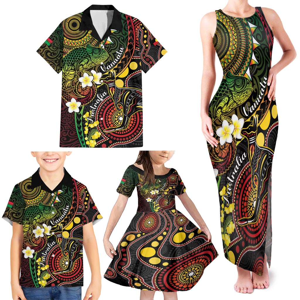 Vanuatu And Australia Aboriginal Family Matching Tank Maxi Dress and Hawaiian Shirt Iguana And Kangaroo Together