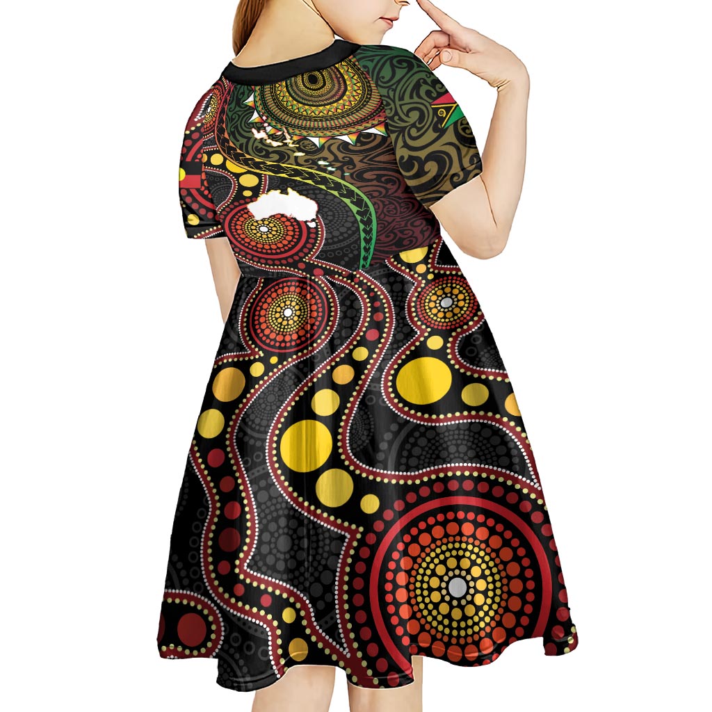 Vanuatu And Australia Aboriginal Kid Short Sleeve Dress Iguana And Kangaroo Together