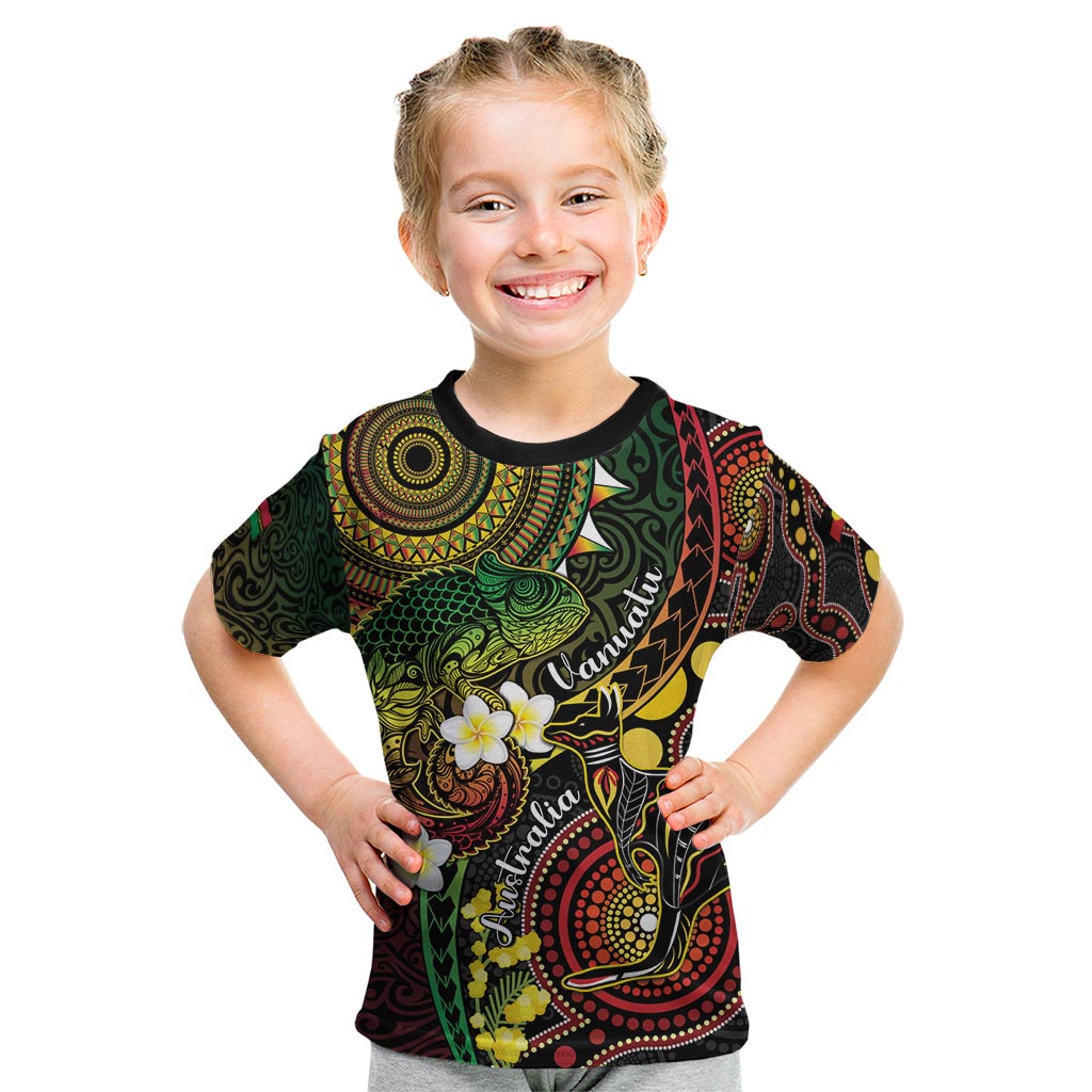 Vanuatu And Australia Aboriginal Kid T Shirt Iguana And Kangaroo Together