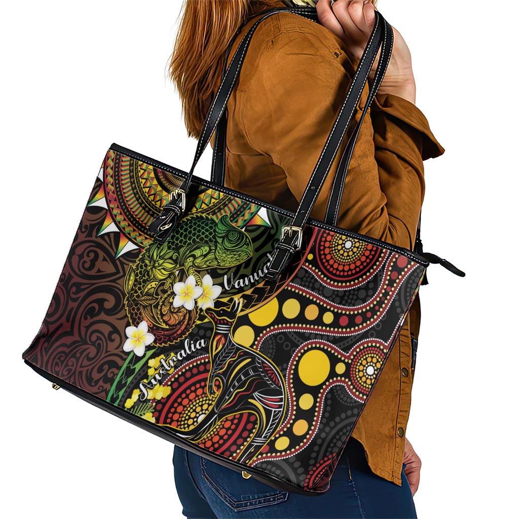 Vanuatu And Australia Aboriginal Leather Tote Bag Iguana And Kangaroo Together