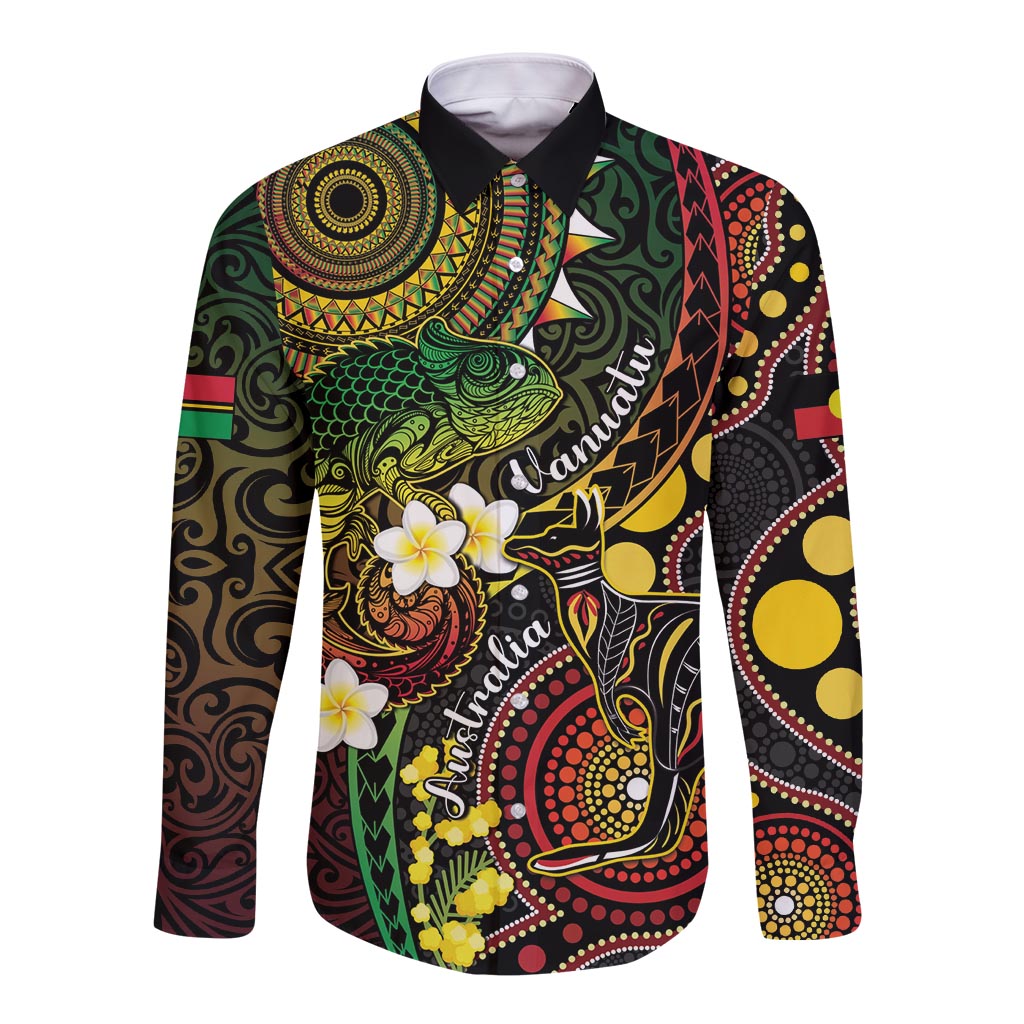 Vanuatu And Australia Aboriginal Long Sleeve Button Shirt Iguana And Kangaroo Together