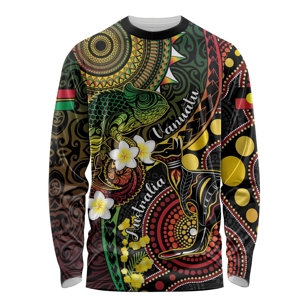 Vanuatu And Australia Aboriginal Long Sleeve Shirt Iguana And Kangaroo Together