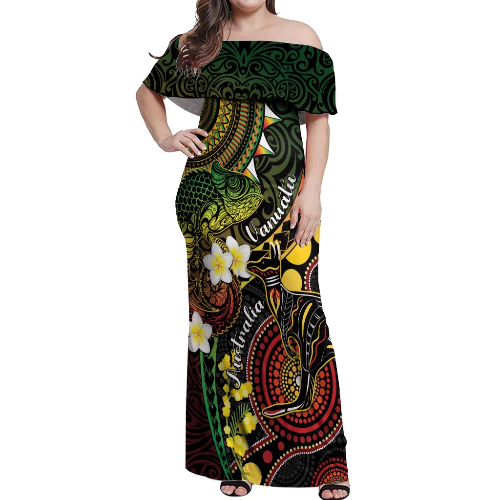 Vanuatu And Australia Aboriginal Off Shoulder Maxi Dress Iguana And Kangaroo Together LT05 Women Black - Polynesian Pride