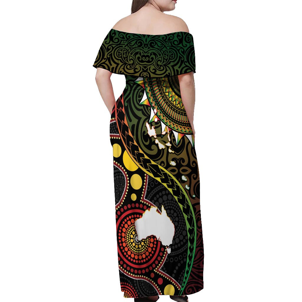 Vanuatu And Australia Aboriginal Off Shoulder Maxi Dress Iguana And Kangaroo Together LT05 - Polynesian Pride