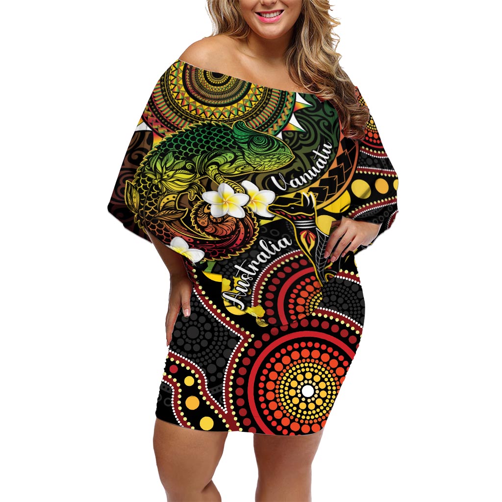 Vanuatu And Australia Aboriginal Off Shoulder Short Dress Iguana And Kangaroo Together LT05 Women Black - Polynesian Pride