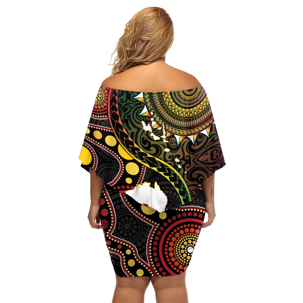 Vanuatu And Australia Aboriginal Off Shoulder Short Dress Iguana And Kangaroo Together LT05 - Polynesian Pride