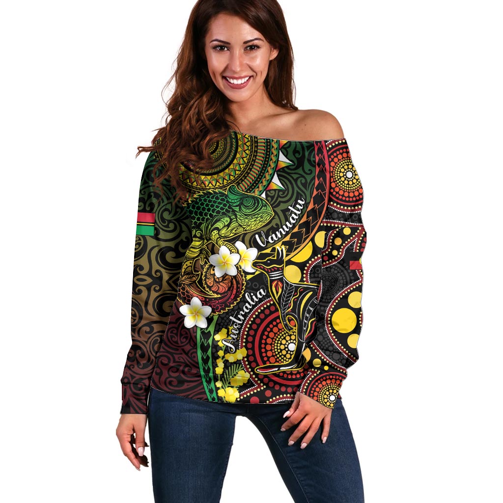 Vanuatu And Australia Aboriginal Off Shoulder Sweater Iguana And Kangaroo Together