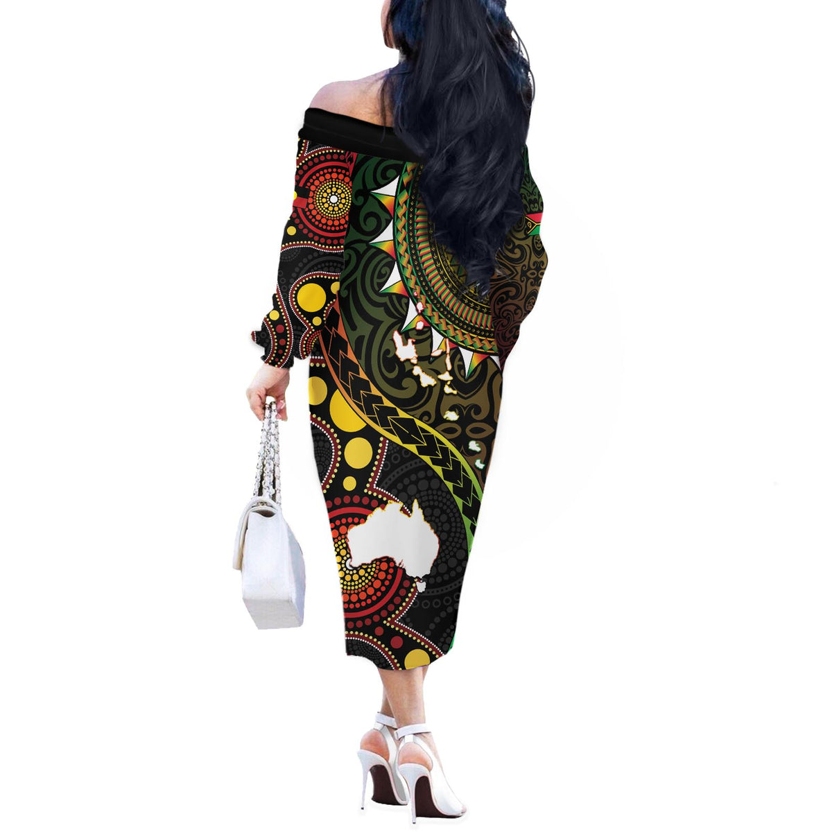 Vanuatu And Australia Aboriginal Off The Shoulder Long Sleeve Dress Iguana And Kangaroo Together