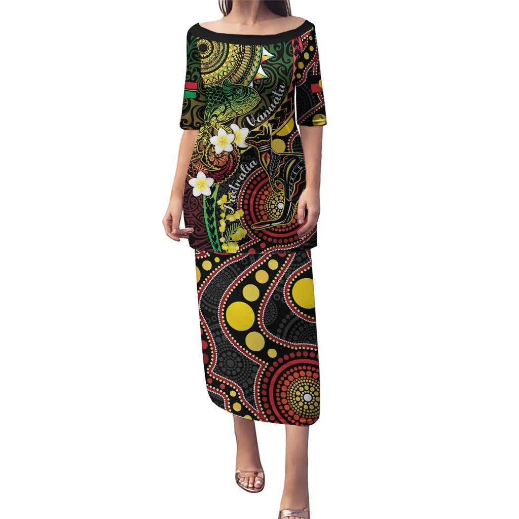 Vanuatu And Australia Aboriginal Puletasi Iguana And Kangaroo Together LT05 Long Dress Black - Polynesian Pride