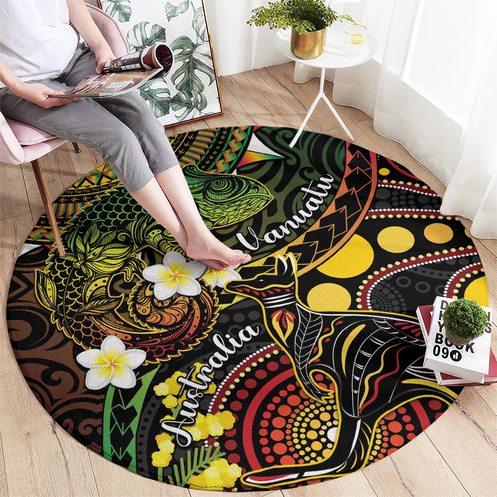 Vanuatu And Australia Aboriginal Round Carpet Iguana And Kangaroo Together