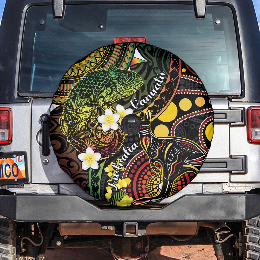 Vanuatu And Australia Aboriginal Spare Tire Cover Iguana And Kangaroo Together LT05 Black - Polynesian Pride