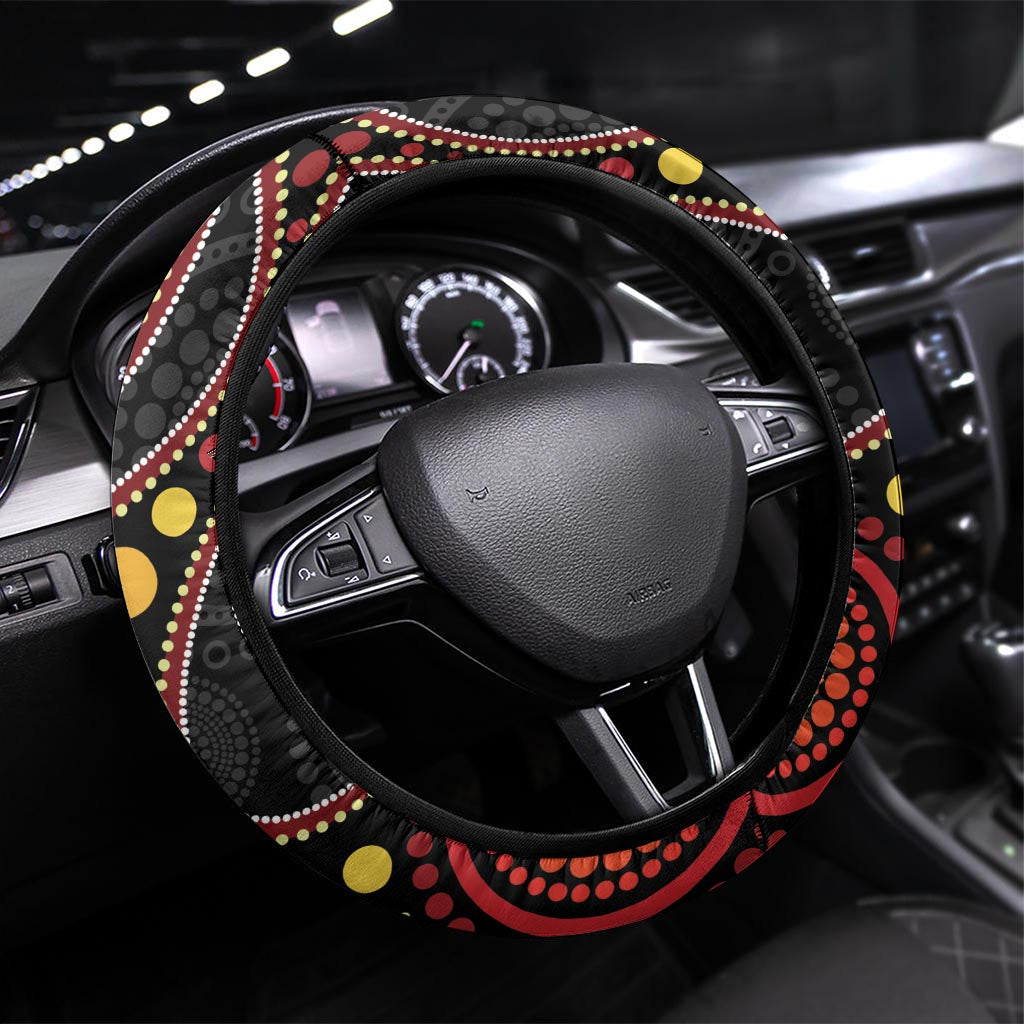 Vanuatu And Australia Aboriginal Steering Wheel Cover Iguana And Kangaroo Together LT05 Universal Fit Black - Polynesian Pride