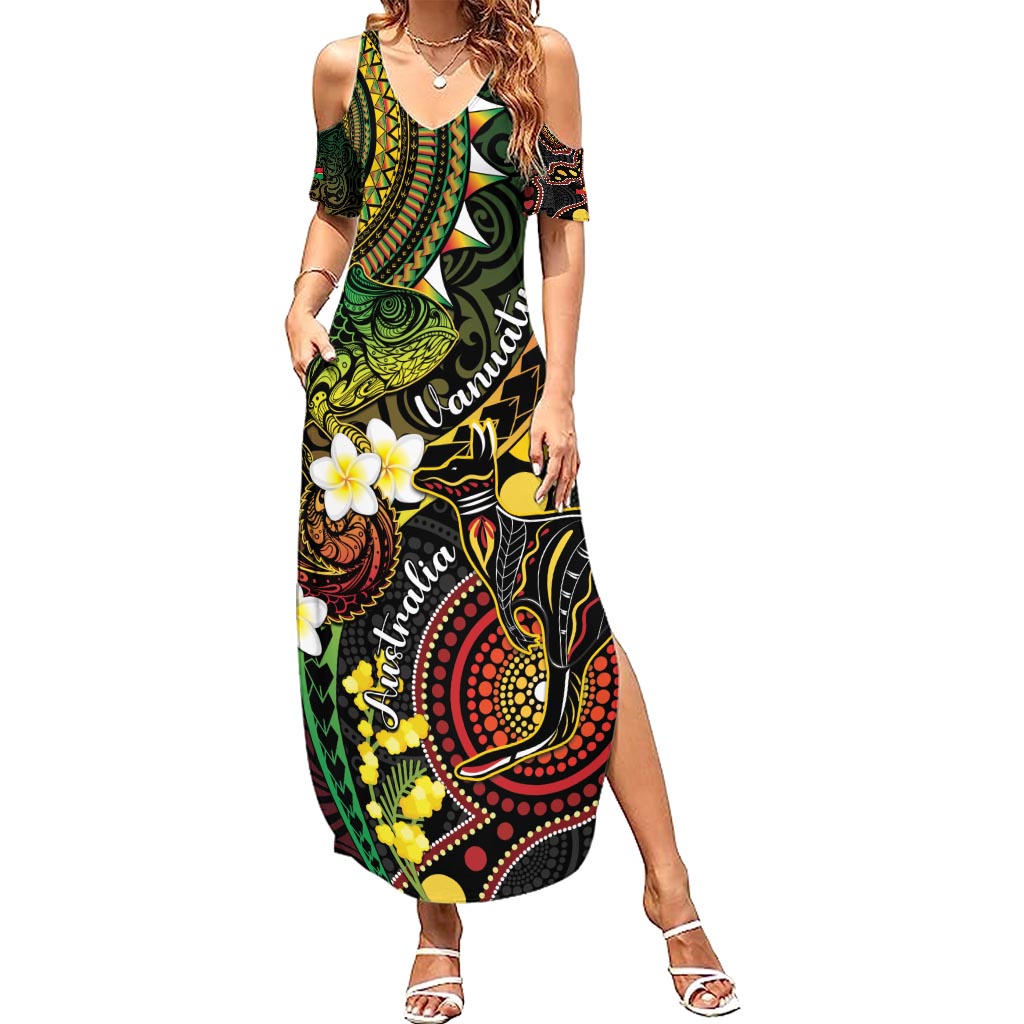 Vanuatu And Australia Aboriginal Summer Maxi Dress Iguana And Kangaroo Together LT05 Women Black - Polynesian Pride