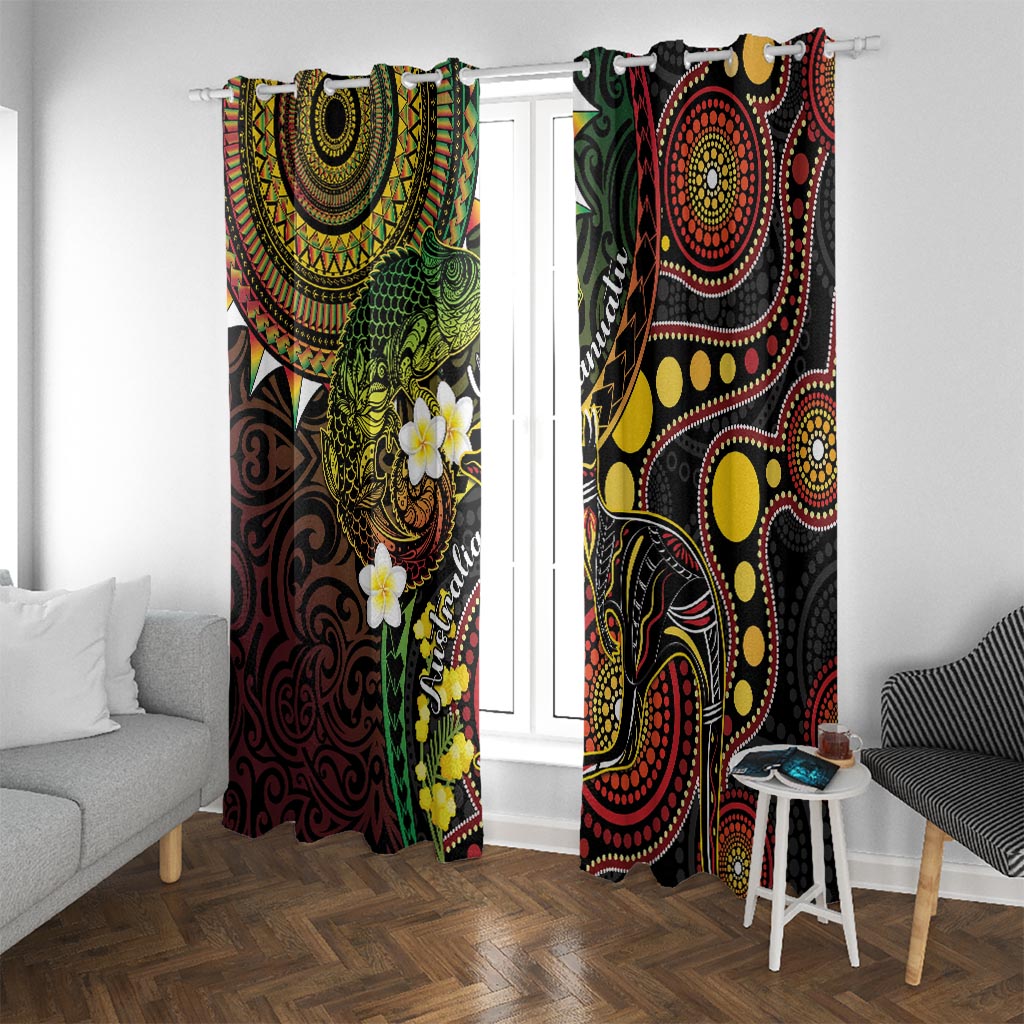 Vanuatu And Australia Aboriginal Window Curtain Iguana And Kangaroo Together LT05 With Grommets Black - Polynesian Pride