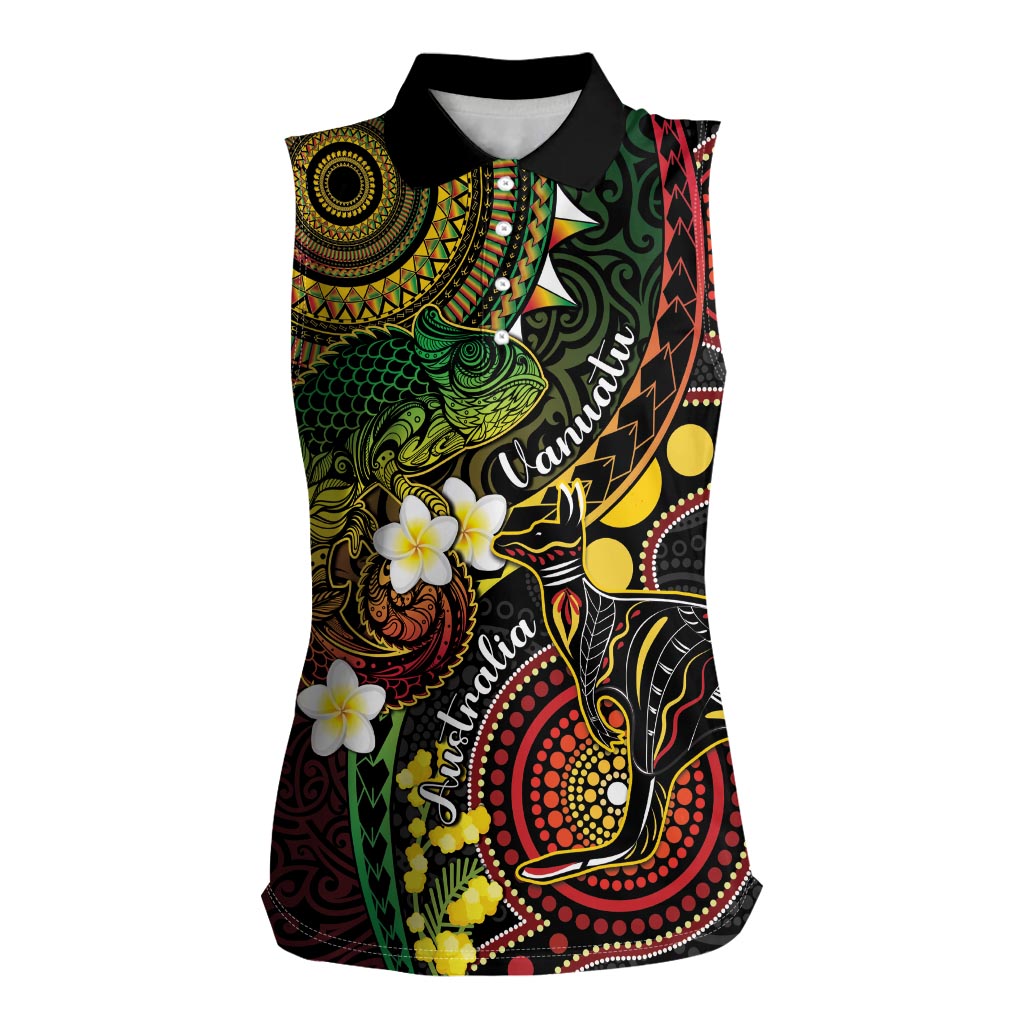 Vanuatu And Australia Aboriginal Women Sleeveless Polo Shirt Iguana And Kangaroo Together