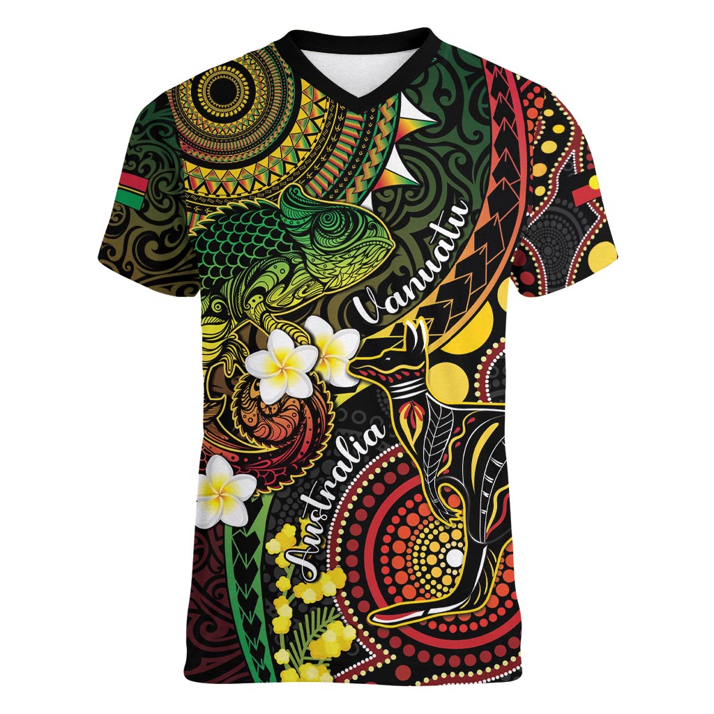 Vanuatu And Australia Aboriginal Women V-Neck T-Shirt Iguana And Kangaroo Together