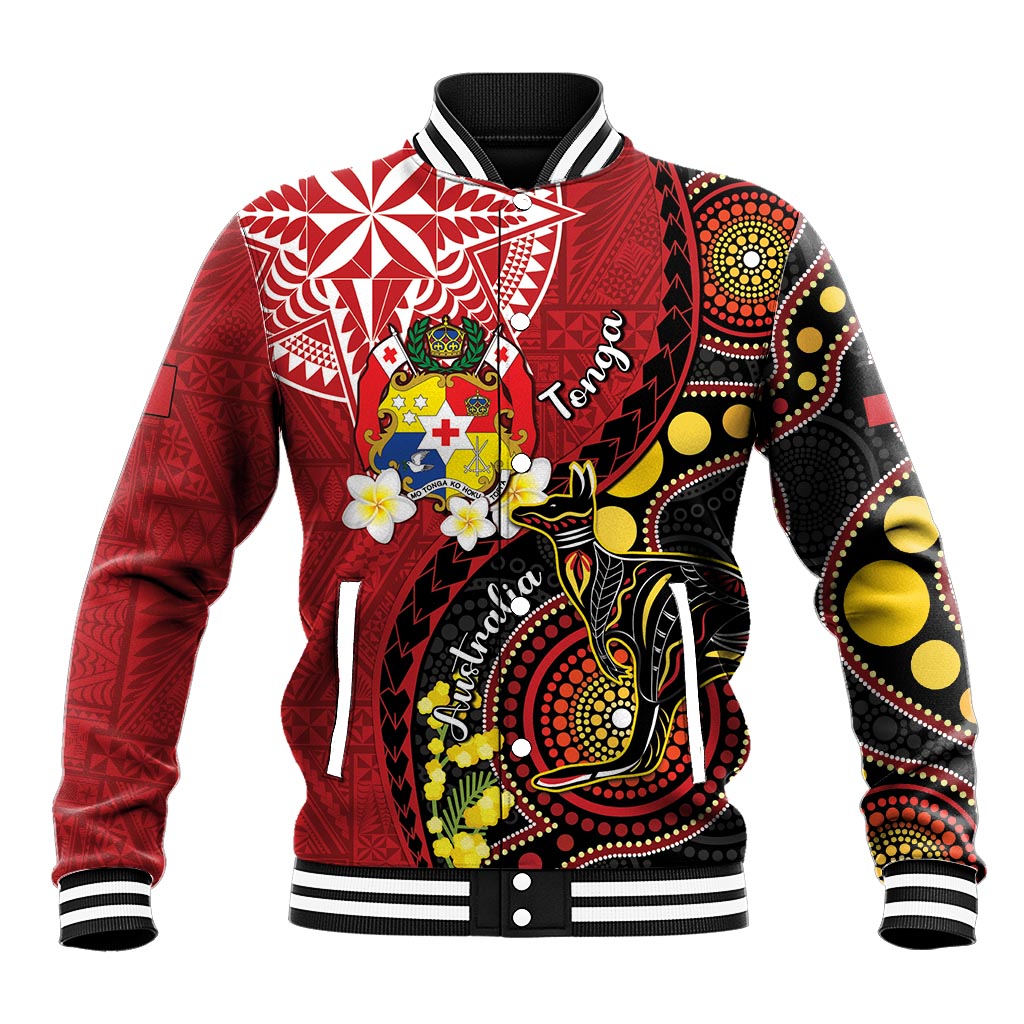 Tonga Ngatu And Australia Aboriginal Baseball Jacket Tongan Dove And Kangaroo Together LT05 Unisex Red - Polynesian Pride