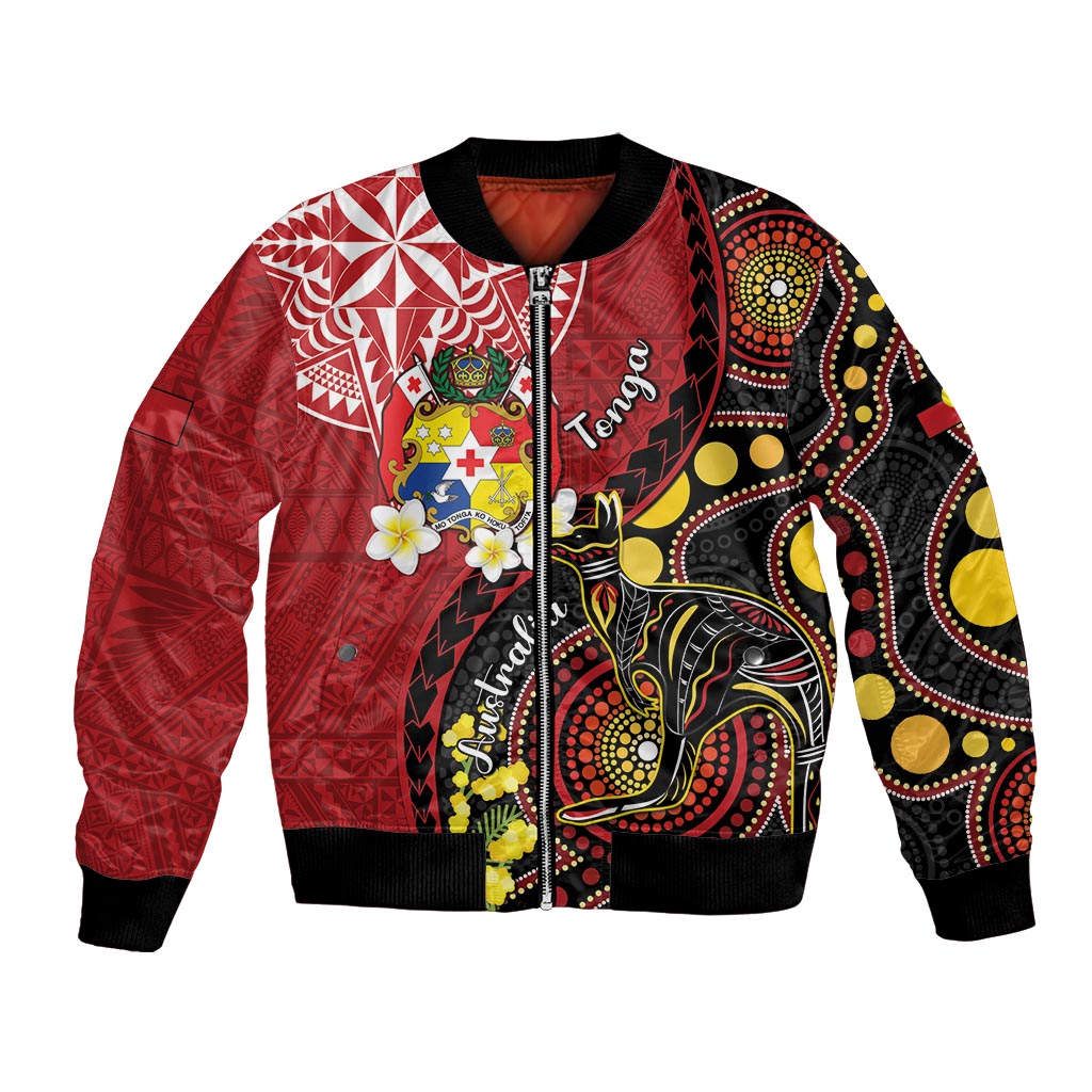 Tonga Ngatu And Australia Aboriginal Bomber Jacket Tongan Dove And Kangaroo Together LT05 Unisex Red - Polynesian Pride