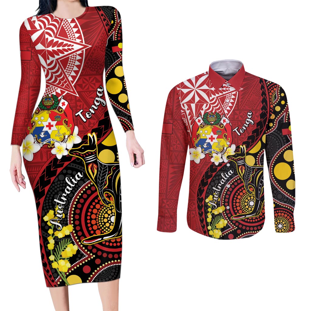 Tonga Ngatu And Australia Aboriginal Couples Matching Long Sleeve Bodycon Dress and Long Sleeve Button Shirt Tongan Dove And Kangaroo Together