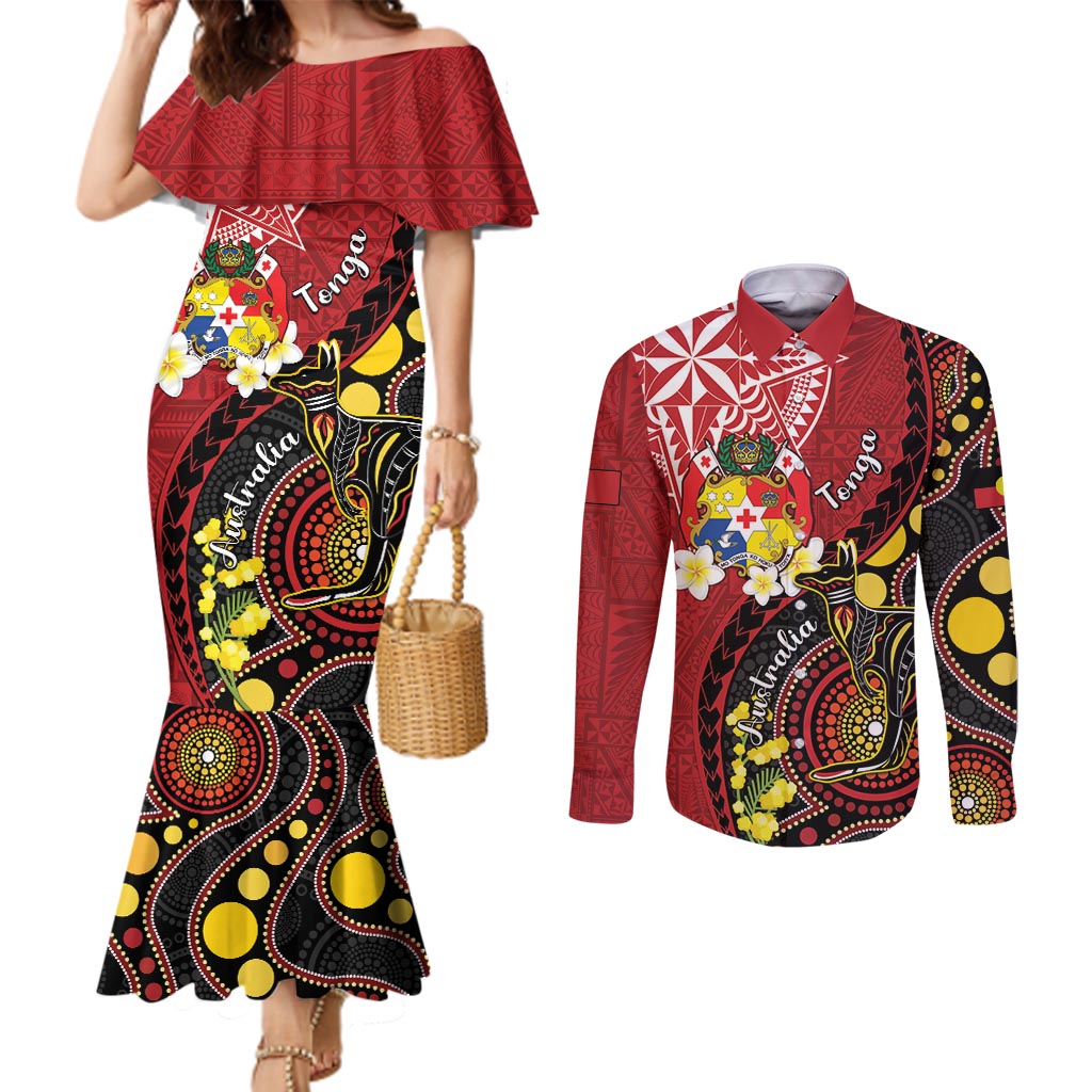 Tonga Ngatu And Australia Aboriginal Couples Matching Mermaid Dress and Long Sleeve Button Shirt Tongan Dove And Kangaroo Together LT05 Red - Polynesian Pride