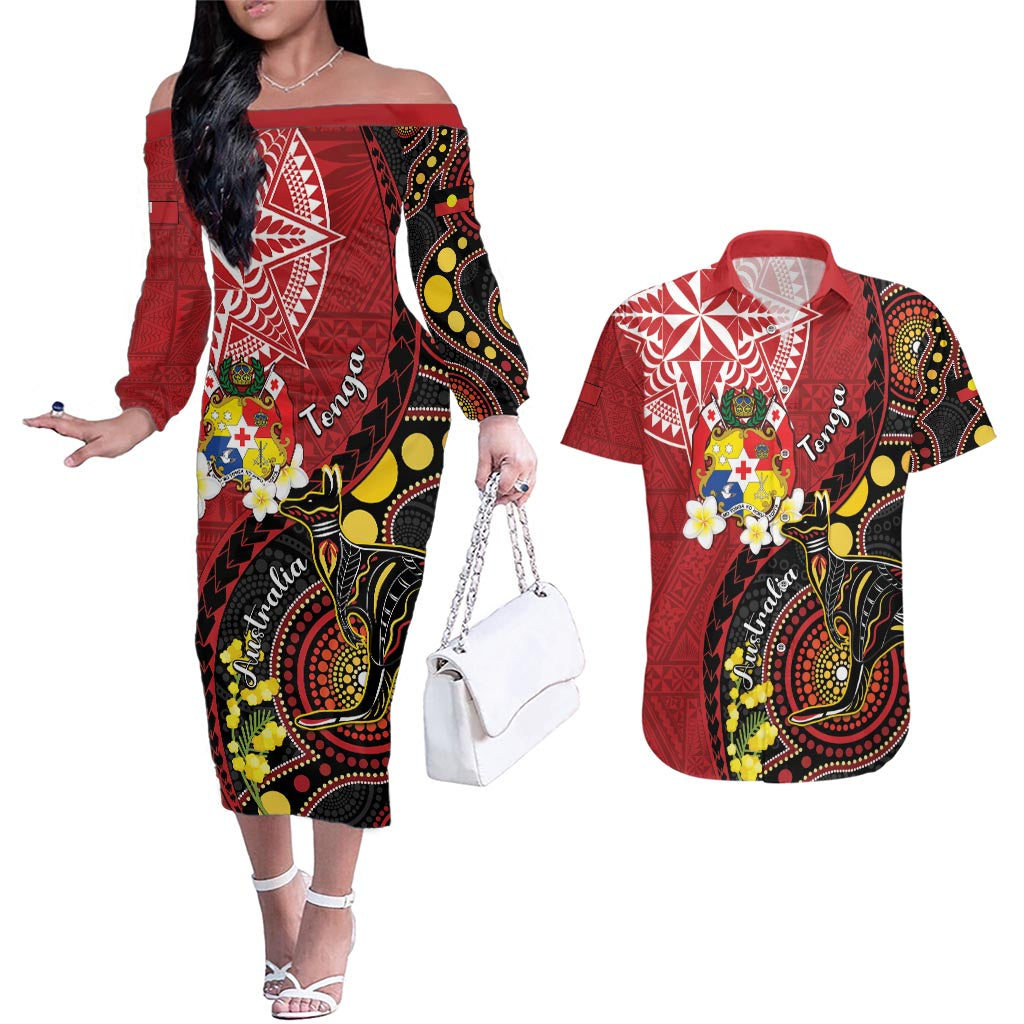 Tonga Ngatu And Australia Aboriginal Couples Matching Off The Shoulder Long Sleeve Dress and Hawaiian Shirt Tongan Dove And Kangaroo Together LT05 Red - Polynesian Pride