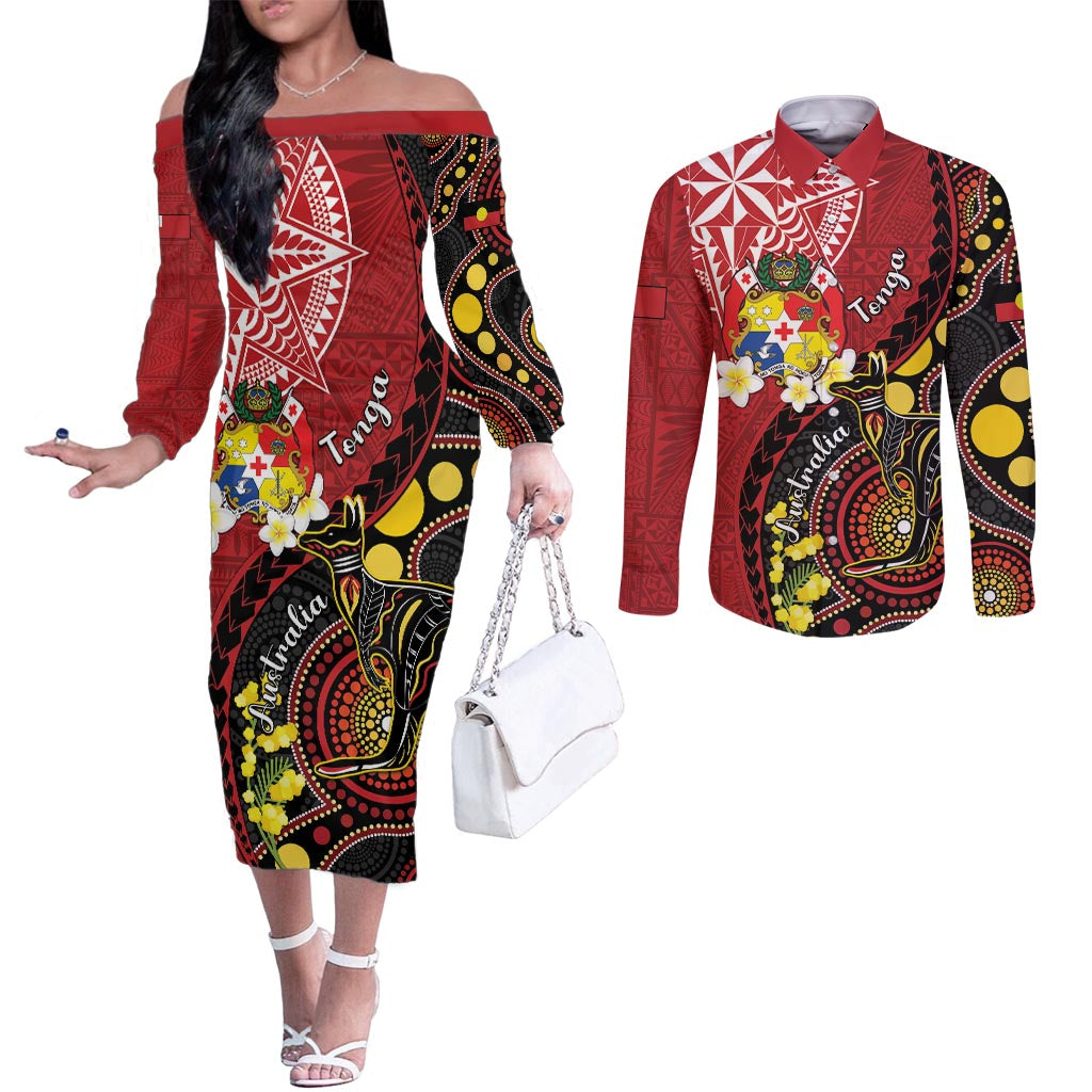 Tonga Ngatu And Australia Aboriginal Couples Matching Off The Shoulder Long Sleeve Dress and Long Sleeve Button Shirt Tongan Dove And Kangaroo Together