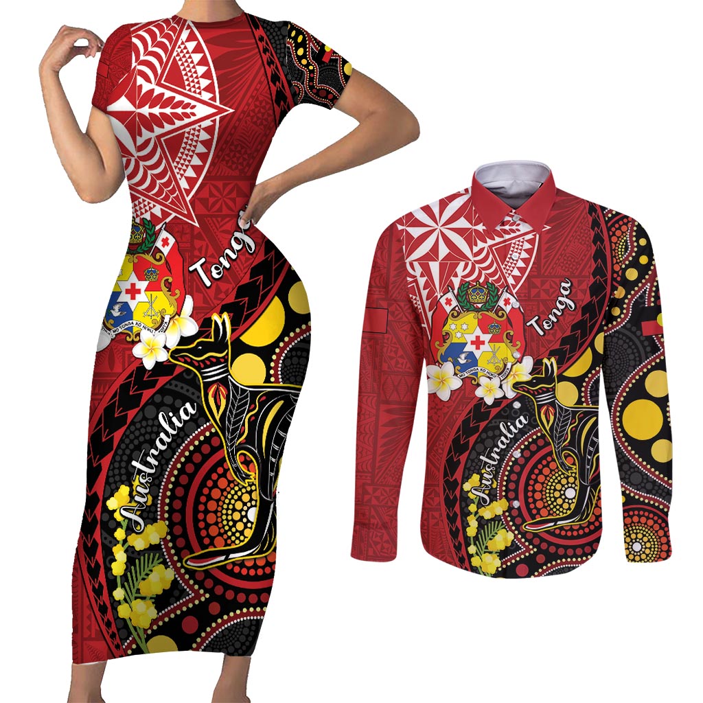 Tonga Ngatu And Australia Aboriginal Couples Matching Short Sleeve Bodycon Dress and Long Sleeve Button Shirt Tongan Dove And Kangaroo Together