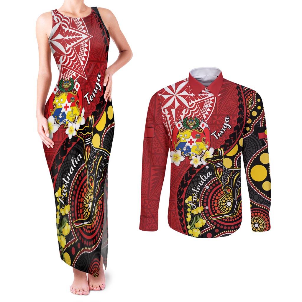 Tonga Ngatu And Australia Aboriginal Couples Matching Tank Maxi Dress and Long Sleeve Button Shirt Tongan Dove And Kangaroo Together LT05 Red - Polynesian Pride