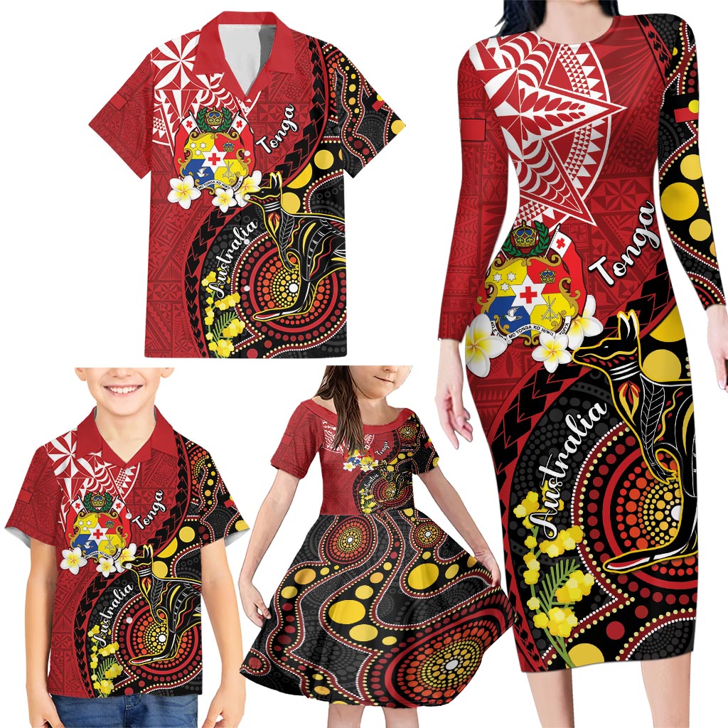 Tonga Ngatu And Australia Aboriginal Family Matching Long Sleeve Bodycon Dress and Hawaiian Shirt Tongan Dove And Kangaroo Together