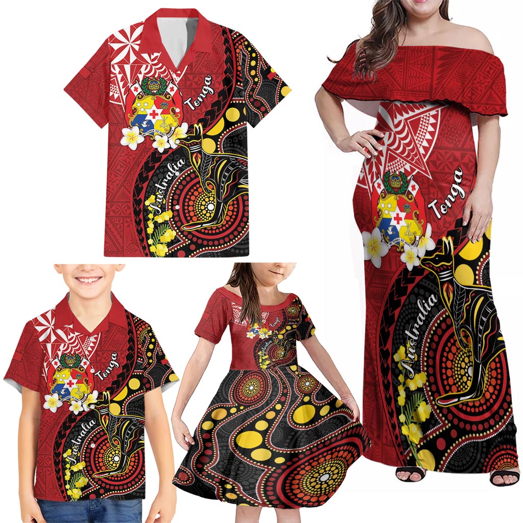 Tonga Ngatu And Australia Aboriginal Family Matching Off Shoulder Maxi Dress and Hawaiian Shirt Tongan Dove And Kangaroo Together