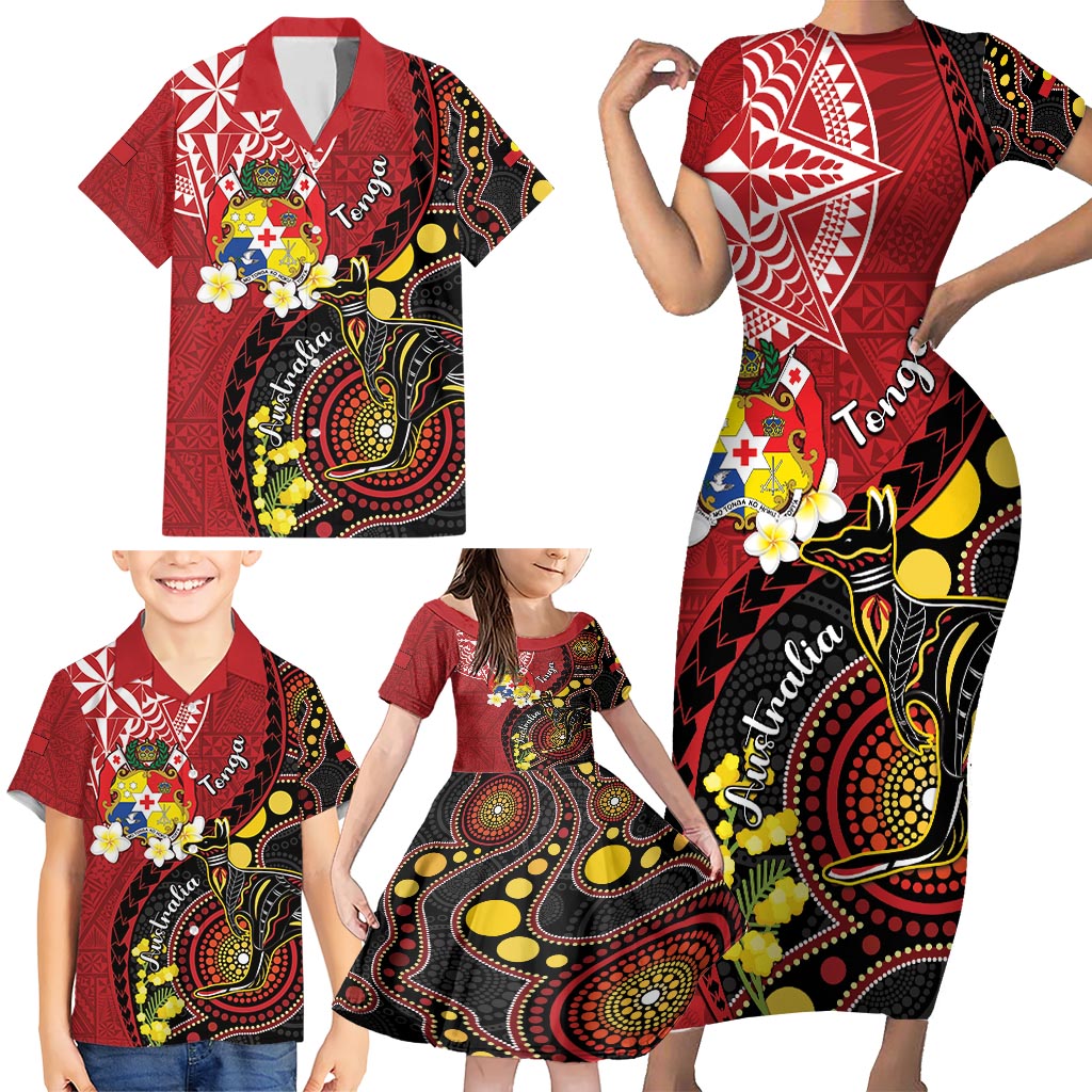 Tonga Ngatu And Australia Aboriginal Family Matching Short Sleeve Bodycon Dress and Hawaiian Shirt Tongan Dove And Kangaroo Together