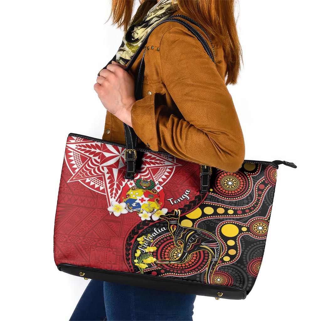 Tonga Ngatu And Australia Aboriginal Leather Tote Bag Tongan Dove And Kangaroo Together LT05 Red - Polynesian Pride