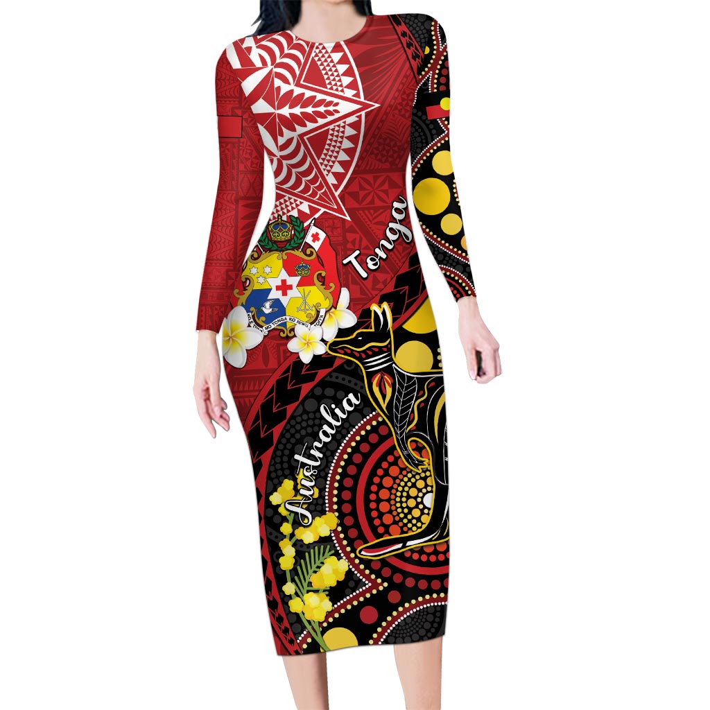 Tonga Ngatu And Australia Aboriginal Long Sleeve Bodycon Dress Tongan Dove And Kangaroo Together