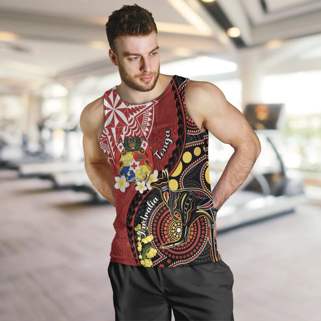 Tonga Ngatu And Australia Aboriginal Men Tank Top Tongan Dove And Kangaroo Together LT05 Red - Polynesian Pride