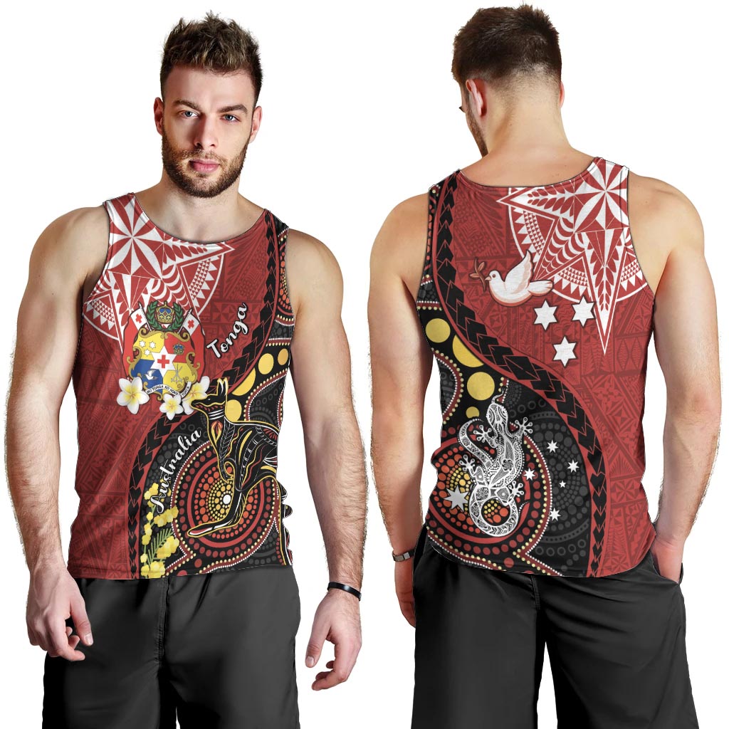 Tonga Ngatu And Australia Aboriginal Men Tank Top Tongan Dove And Kangaroo Together LT05 - Polynesian Pride
