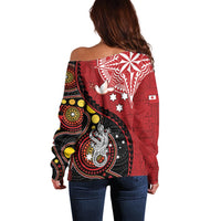 Tonga Ngatu And Australia Aboriginal Off Shoulder Sweater Tongan Dove And Kangaroo Together