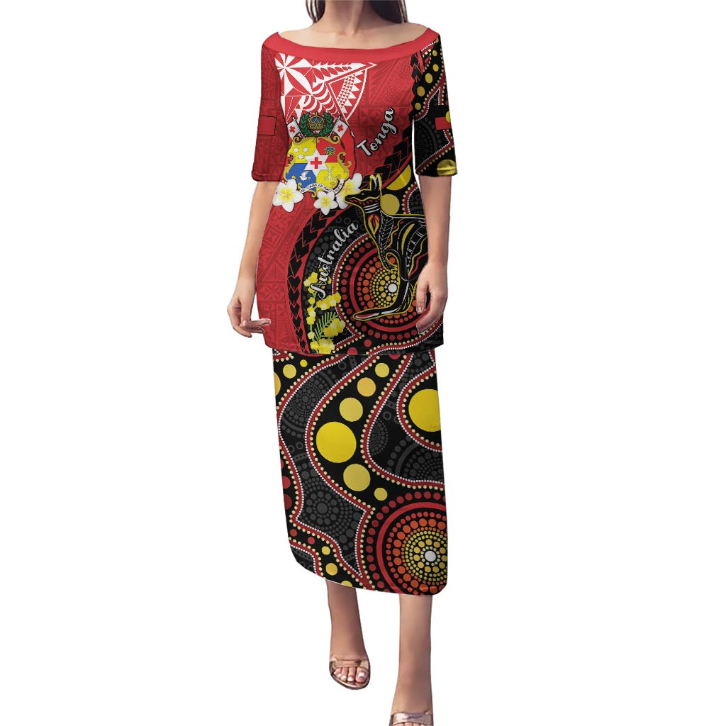 Tonga Ngatu And Australia Aboriginal Puletasi Tongan Dove And Kangaroo Together LT05 Long Dress Red - Polynesian Pride